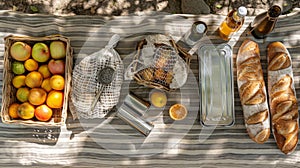 Eco picnic setup with fruits, bread, and reusable bottle photo