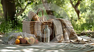 Eco picnic setup with fruits, bread, and reusable bottle photo