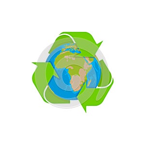 Eco, planet earth and recycling symbol, flat