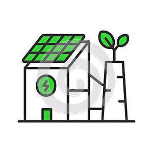 Eco plant with a solar battery icons in line design green. Eco, plant, solar, battery, energy, renewable isolated on