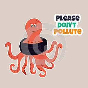 Eco poster Stop pollution with cartoon octopus