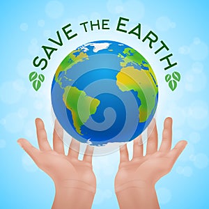 Eco poster of two human hands holding planet Earth.