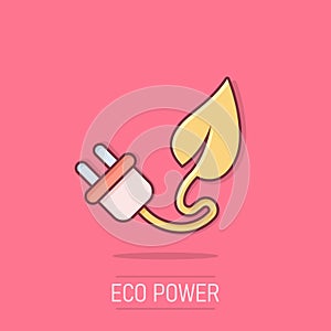 Eco power icon in comic style. Green energy cartoon vector illustration on isolated background. Nature cable splash effect