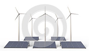 Eco power ,  Renewable energy , Wind turbine farm and solar cell panels isolated on white Background
