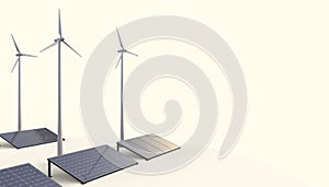 Eco power , Renewable energy , Wind turbine generating electricity in power station and solar cell panels on Background