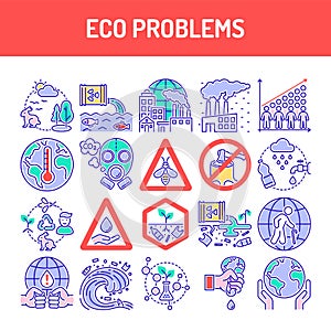 Eco problems color line icons set. Environmental issues. Isolated vector element. Outline pictograms for web page, mobile app,