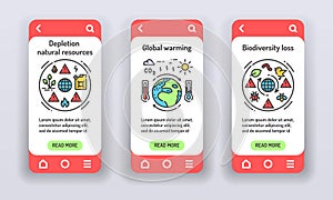 Eco problems on mobile app onboarding screens. Environmental issue. Banners for website on white background and mobile kit