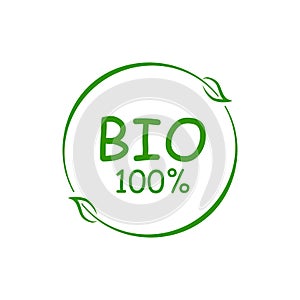 Eco product button circle icon with green leaf, bio healthy organic food label and high quality product badges, 100 % bio