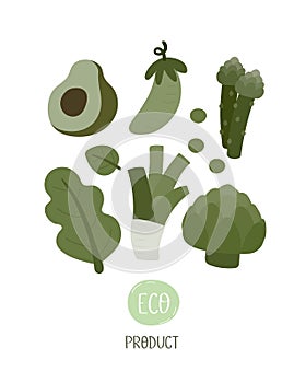 Eco product. cartoon vegetables, hand drawing lettering. Colorful flat vector illustration.