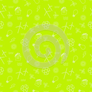 Eco related seamless print. Contains symbols for different types of electricity generation: wind generators, solar panels