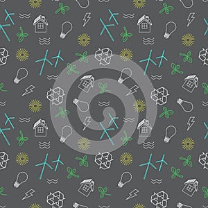 Eco related seamless print. Contains symbols for different types of electricity generation: wind generators, solar panels