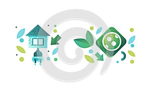 Eco Related Symbols Set, Eco House, Green Energy and Environment Protection Concept Flat Vector Illustration