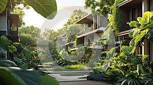 Eco-Residential Pathway at Dawn. Dawn light bathes an eco-friendly residential pathway in a green oasis