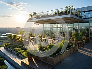 Eco rooftop garden on futuristic office building