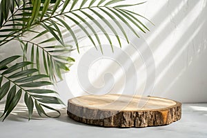 Eco Rustic Pine Tree Wood Disc Platform with Tropical Leaf