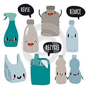 Eco set with cute plastic bag, bottles and speech bubbles