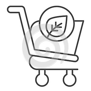 Eco shopping thin line icon. Ecology market trolley with leaf button. Commerce vector design concept, outline style