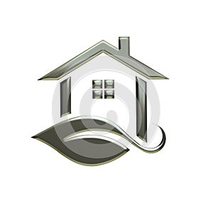 Eco Silver House Logo. 3D Rendering Illustration.