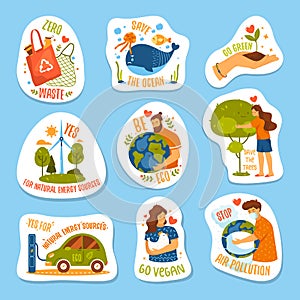 Eco sticker or label set, vector cartoon icons