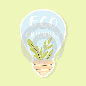 Eco sticker with light bulb and leaves. Eco friendly sticker. Vector illustration. Save the planet.