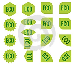 Eco sticker set. Green promotion labels. Modern vector flat style illustration isolated on white background. Green promotion