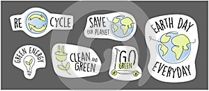 Eco sticker set with one line elements. Renewable energy label bundle. Sustainable and green earth. earth day sticker