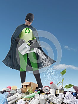 Eco superhero and green plantlet photo