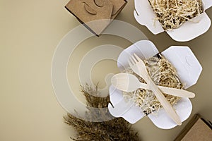Eco tableware and eco food containers with wooden spoons and forks on a light background with space for text