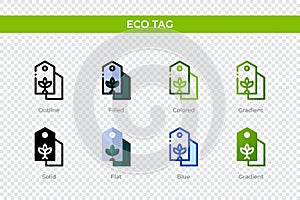 Eco tag icon in different style. Eco tag vector icons designed in outline, solid, colored, filled, gradient, and flat style.