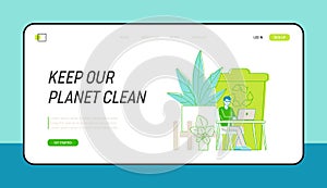 Eco Technologies for Work Landing Page Template. Business Man Character Working in Modern Office