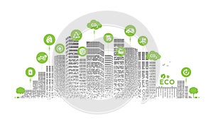 Eco technology or environmental concept modern green city. Eco-friendly urban lifestyle with icons over the network connection.