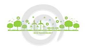 Eco technology or environmental concept modern green city and plant leaf growing inside.  Eco-friendly urban lifestyle with icons
