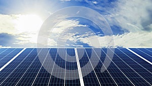 eco technology solar panel with sun and blue sky background. concept clean energy in nature