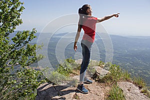 Eco tourism and healthy lifestyle concept. Young hiker girl end boy with backpack. Active hikers