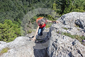 Eco tourism and healthy lifestyle concept. Young hiker girl end boy with backpack. Active hikers