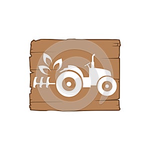 Eco Tractor icon isolated on white background. Wooden board sign