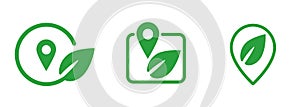 Eco travel location environmental friendly green ecology map pointer pin emblem vector symbol