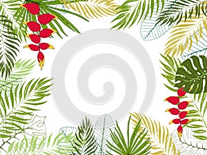 Eco tropical template with place for text. Jungle exotic frame of heliconia flowers, palm leaves, monstera leaves, frangipani.