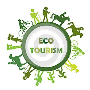 Eco turism concept with round frame and stylized tourists photo