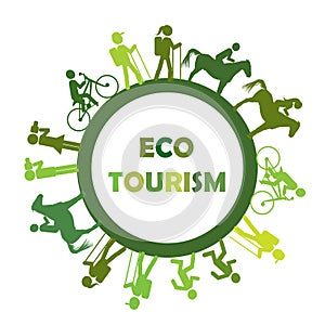 Eco turism concept with round frame and stylized tourists