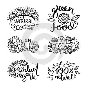 Eco vector organic labels, bio emblems for stickers and restaurants menu, natural products packaging.