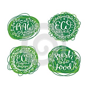 Eco vector organic labels, bio emblems for stickers and restaurants menu, natural products packaging.