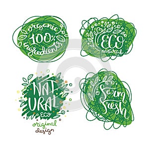 Eco vector organic labels, bio emblems for stickers and restaurants menu, natural products packaging.