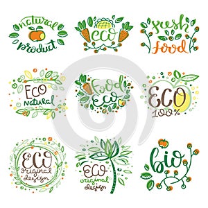 Eco vector organic labels, bio emblems for stickers and restaurants menu, natural products packaging.