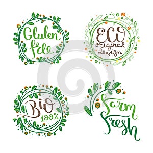 Eco vector organic labels, bio emblems for stickers and restaurants menu, natural products packaging.