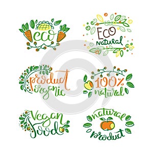 Eco vector organic labels, bio emblems for stickers and restaurants menu, natural products packaging.