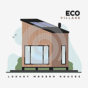 Eco village vector flat illustration. Luxurious modern houses with smart energy on solar panels