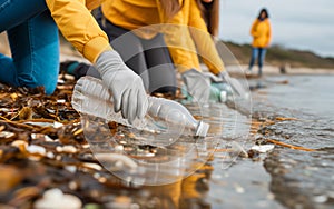 eco volunteers picking up plastic trash on the beach - Activist people collecting garbage protecting the planet - Ocean