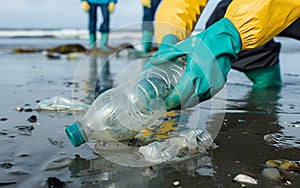 eco volunteers picking up plastic trash on the beach - Activist people collecting garbage protecting the planet - Ocean