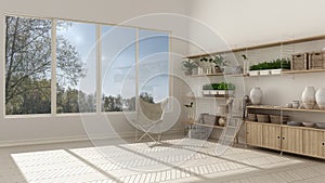 Eco white interior design with wooden bookshelf, diy vertical ga